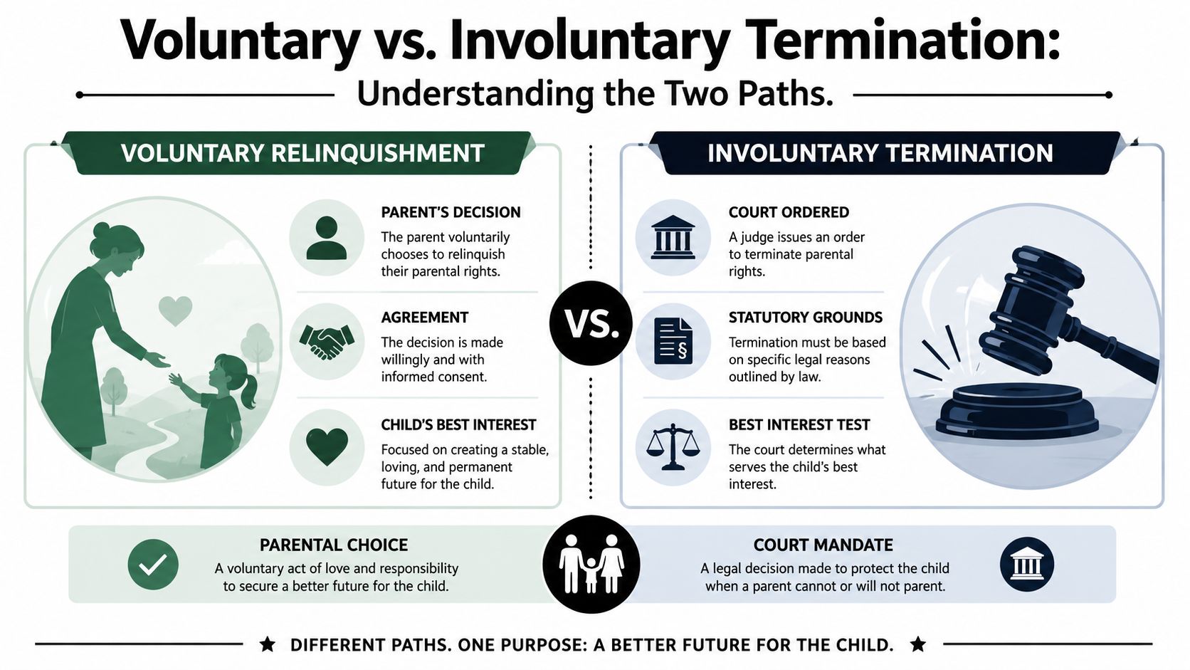 An infographic comparing voluntary relinquishment and involuntary termination of parental rights, emphasizing the child's best interests.