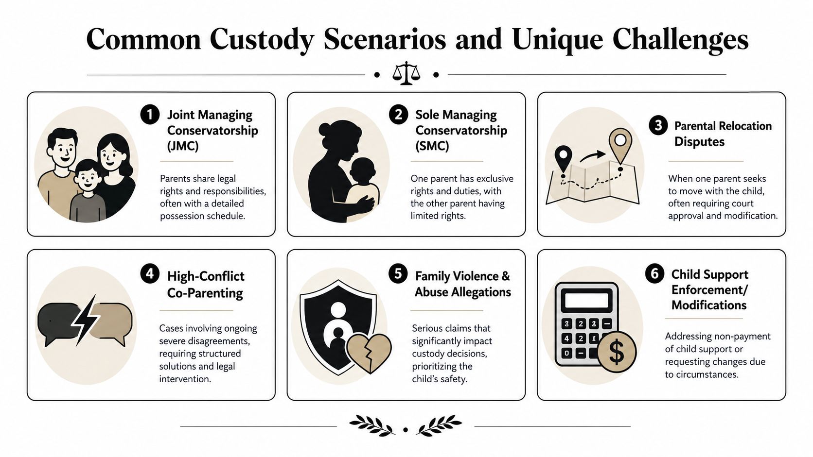An infographic illustrating six common child custody scenarios and unique legal challenges parents may face in court.