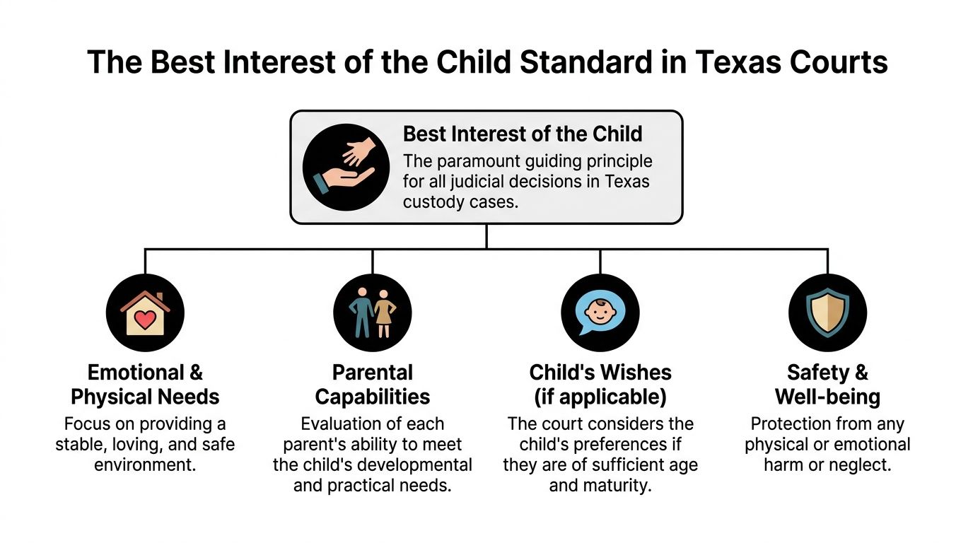A diagram explaining the best interest of the child standard for Texas court custody cases.