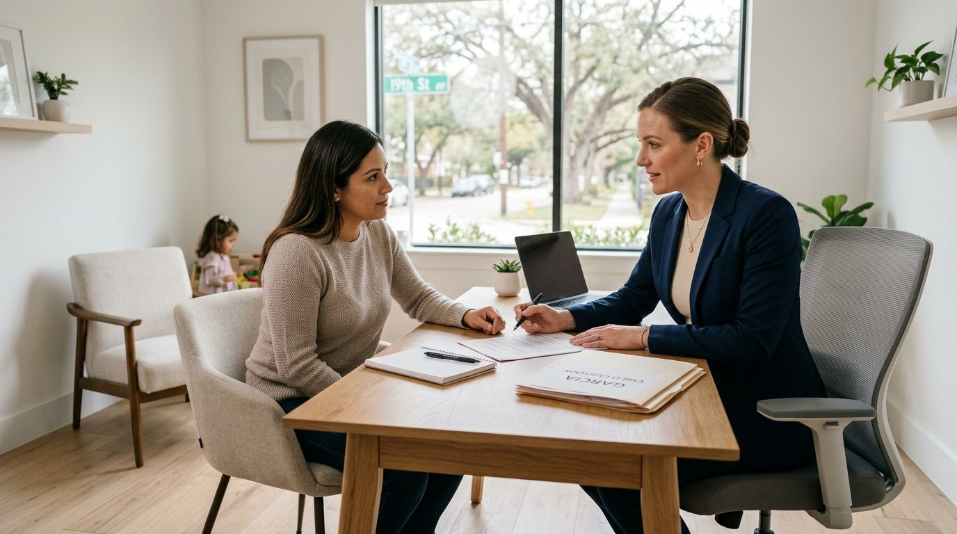 A professional child custody lawyer meets with a client at a modern office desk in Houston.