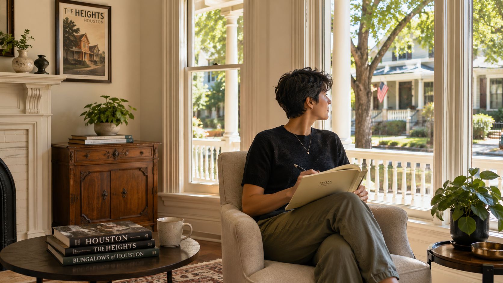 A person sitting in a cozy Houston Heights home, thoughtfully writing in a legal document near a window.