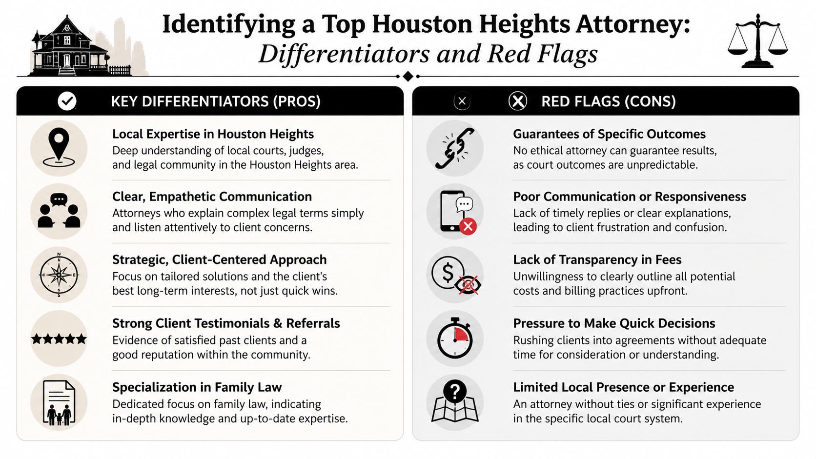 An infographic outlining key differentiators and red flags to consider when choosing a Houston Heights attorney.
