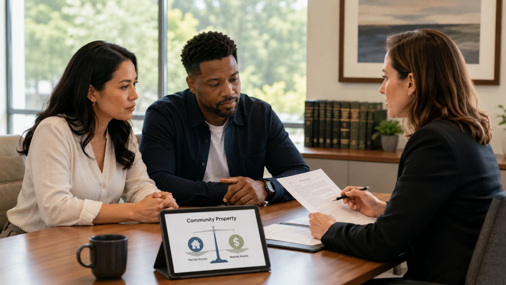A professional lawyer consults with a couple about community property assets in an office setting.