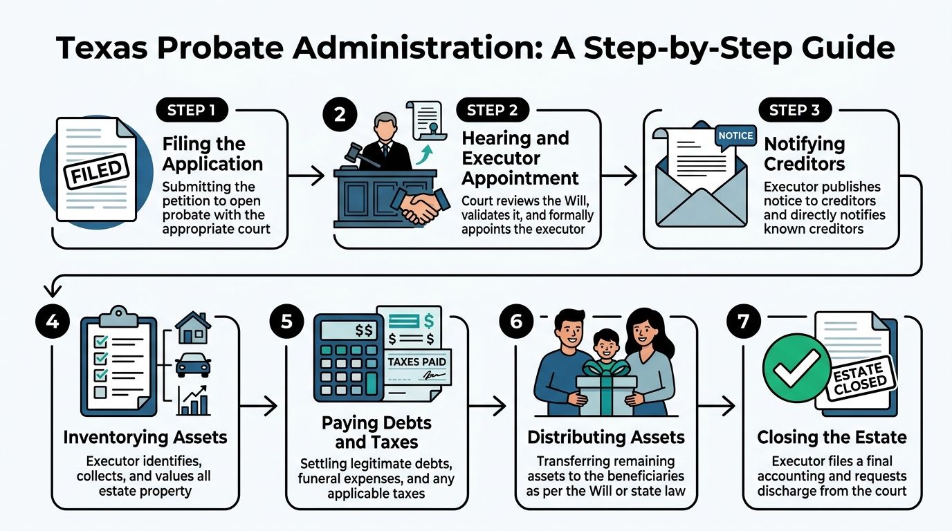 A seven-step flowchart illustrating the Texas probate administration process from filing an application to closing the estate.