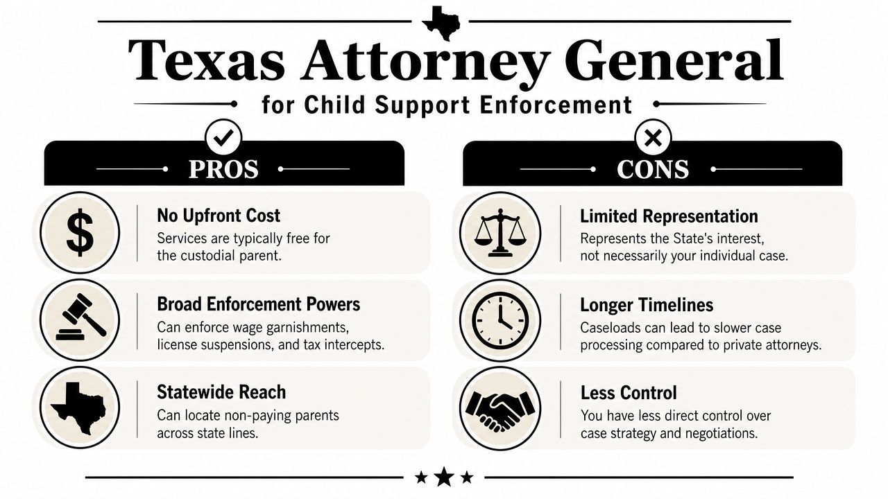 A comparison chart outlining the pros and cons of using the Texas Attorney General for child support enforcement.