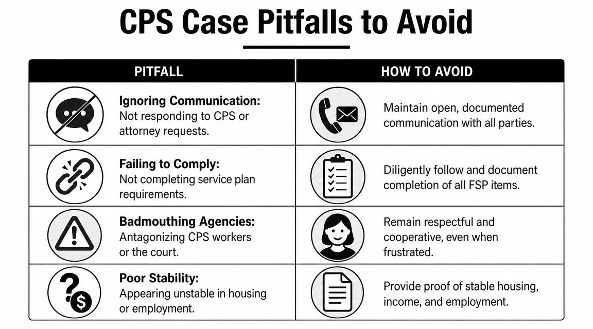 An infographic titled CPS Case Pitfalls to Avoid, listing common mistakes and strategies for successful case management.