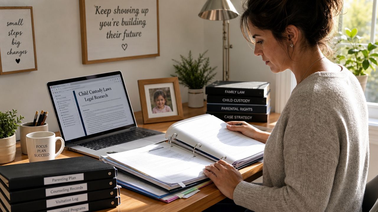 A woman diligently reviewing legal documents and research for a child custody case at her home office desk.