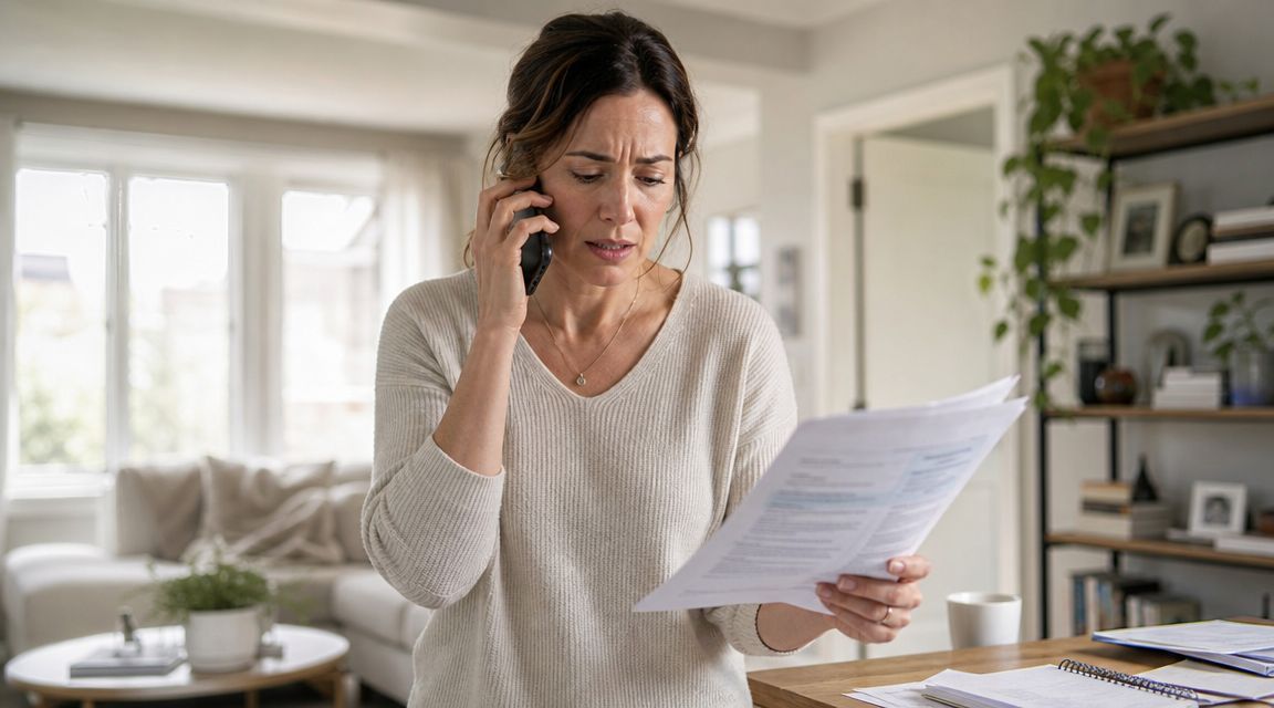 A concerned woman on a phone call while reviewing stressful financial documents in her home office.