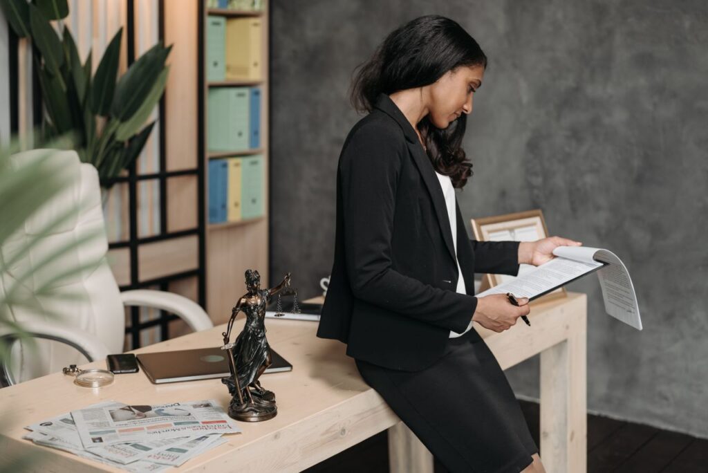female lawyer looking at documents