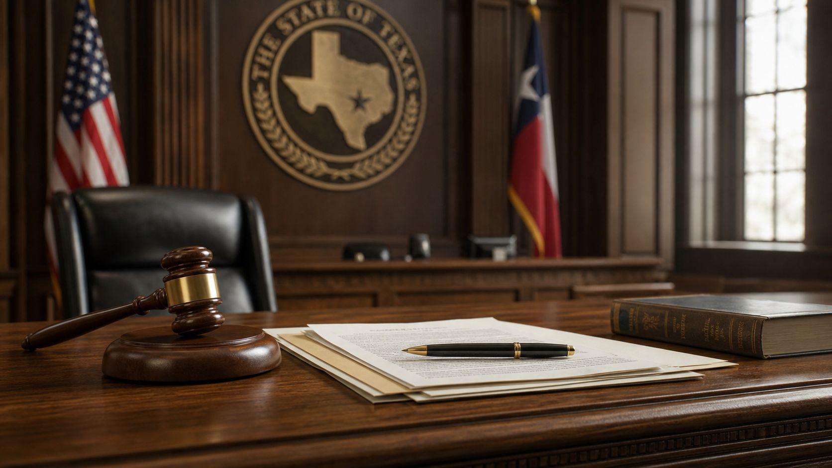 A gavel and legal documents on a judge's desk in a Texas courtroom with state and national flags.