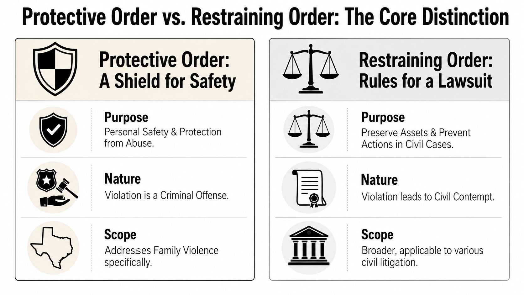 A comparison chart outlining the key differences between protective orders and restraining orders in Texas legal contexts.