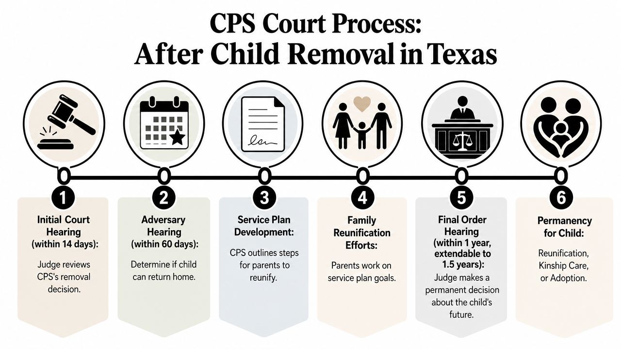 A timeline infographic explaining the six key steps of the Texas CPS child removal court process.