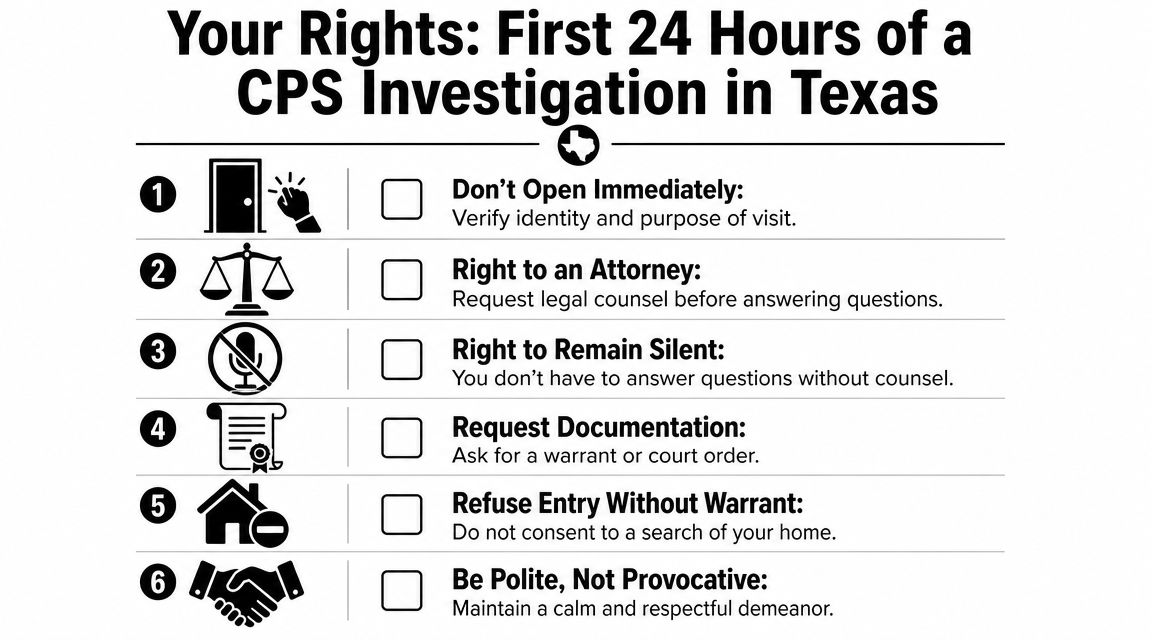 An infographic titled Your Rights: First 24 Hours of a CPS Investigation in Texas listing six legal tips.