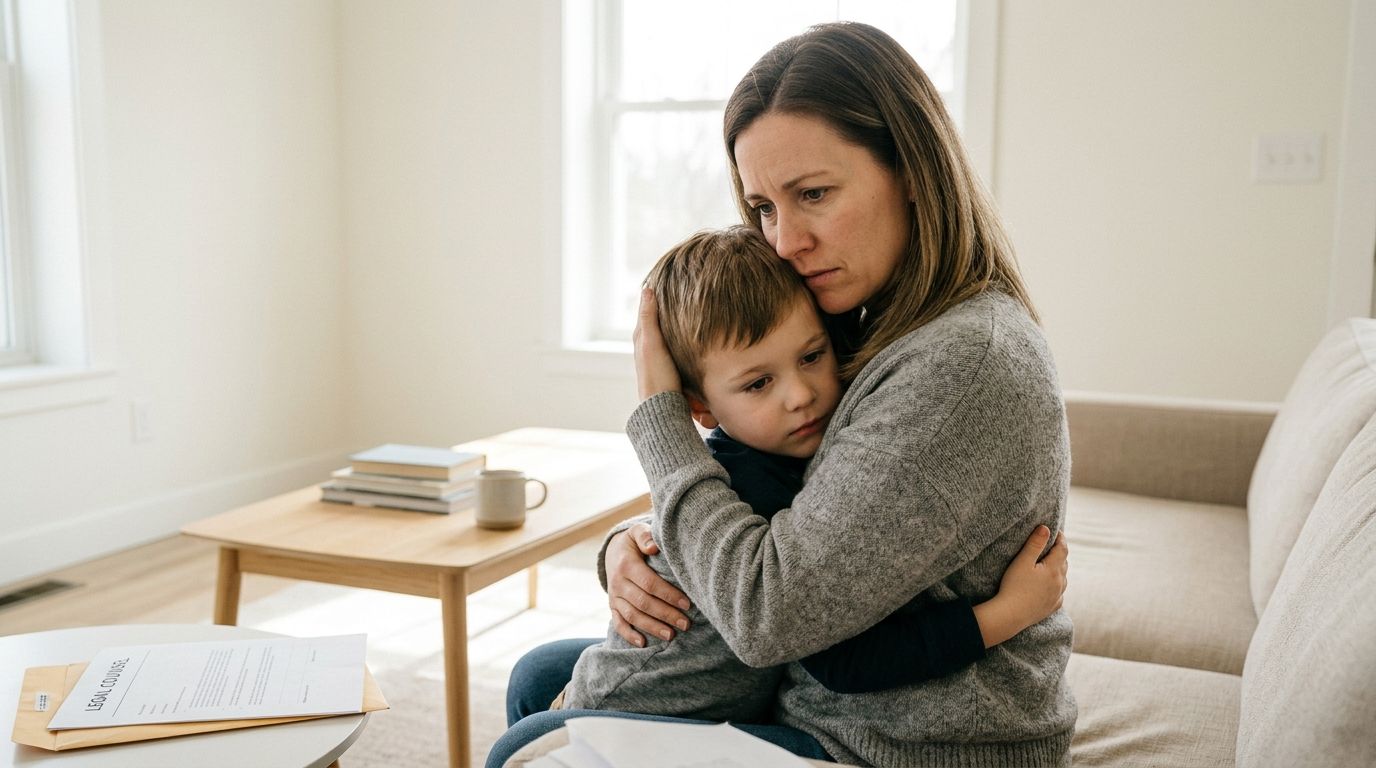 A concerned mother embraces her young son while sitting near legal documents on a table.