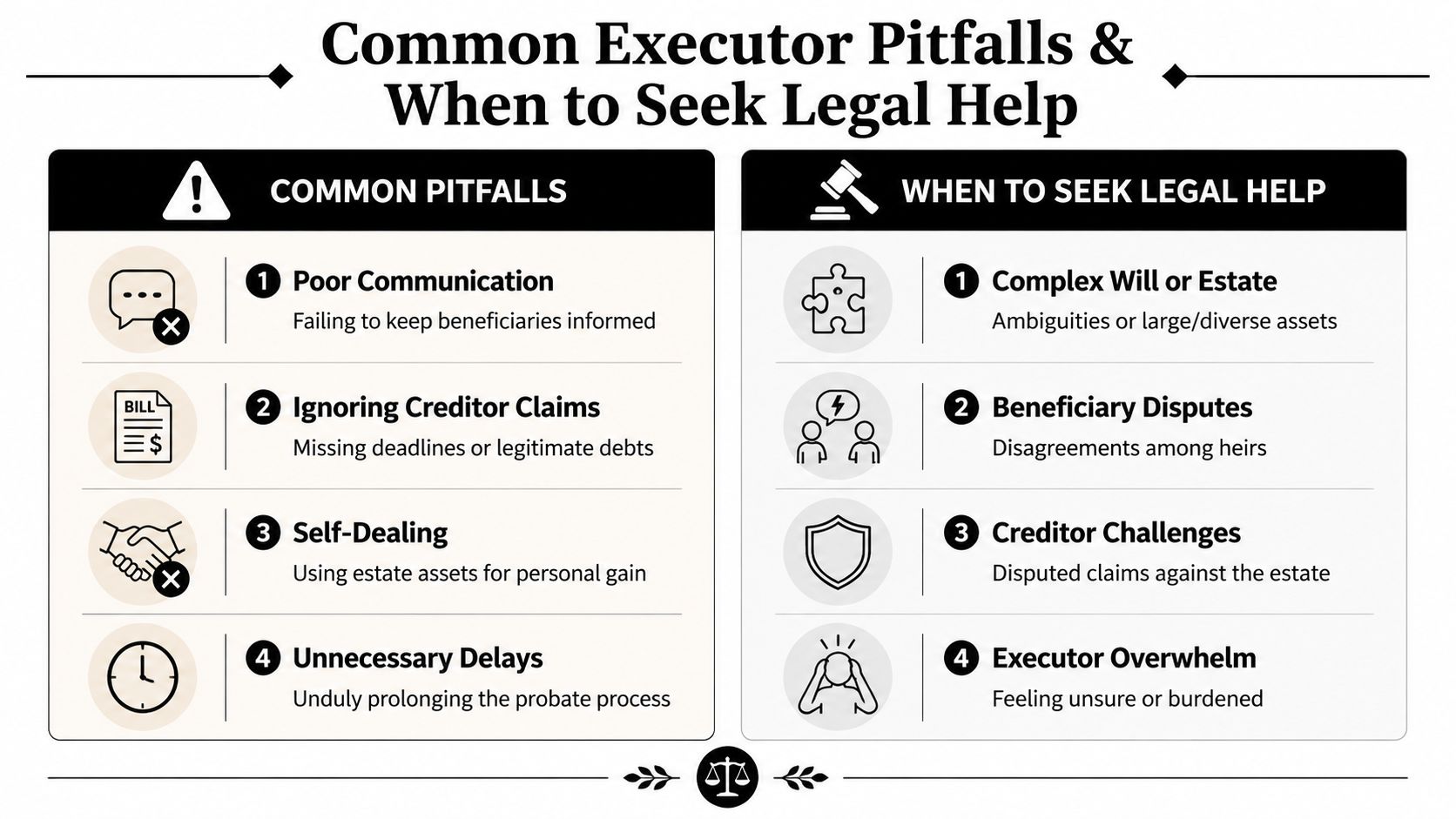 An infographic detailing common executor pitfalls and situations where seeking legal help is recommended for estates.