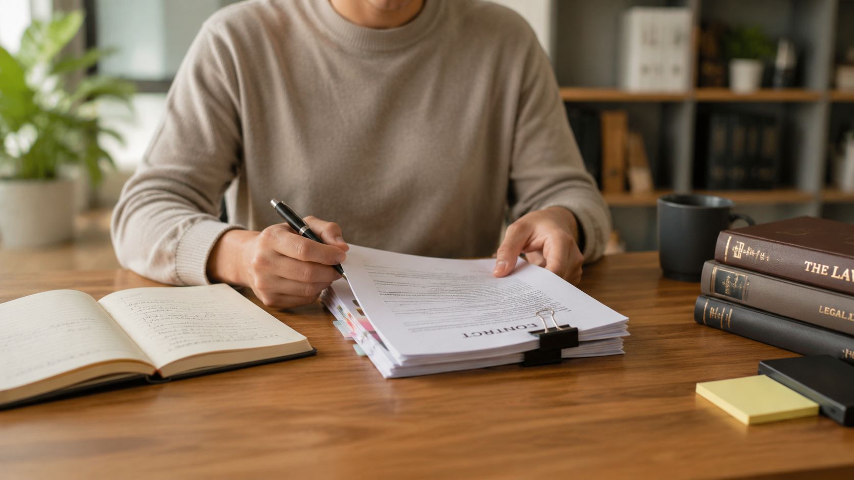 A professional working at a desk with legal contracts, a notebook, and law reference books.