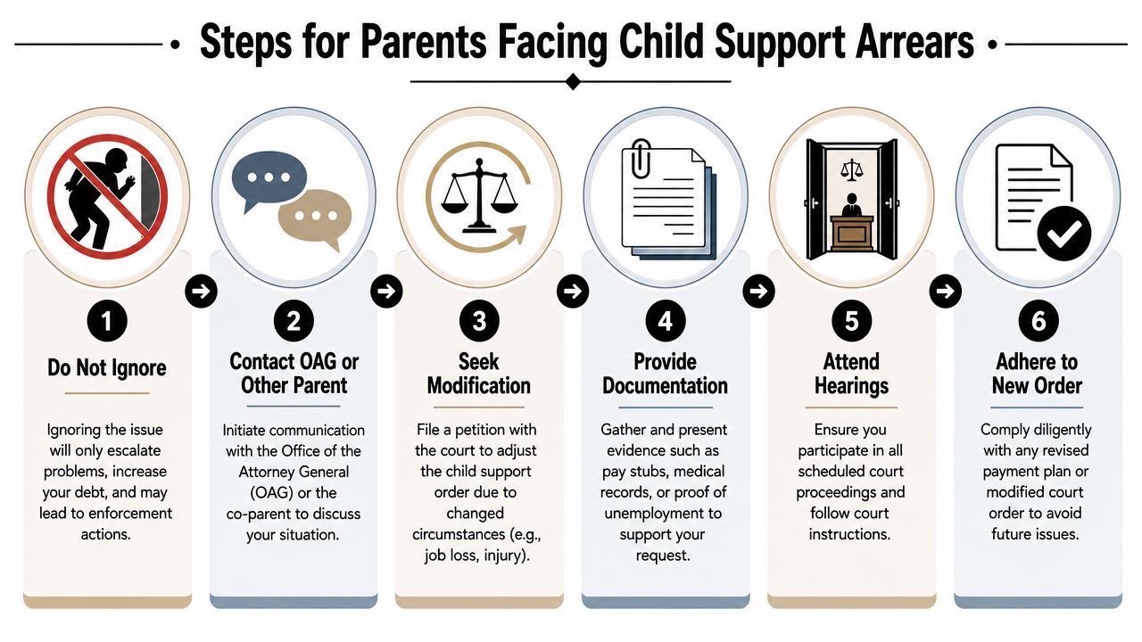 A six-step infographic guide for parents on how to address child support arrears and court orders.