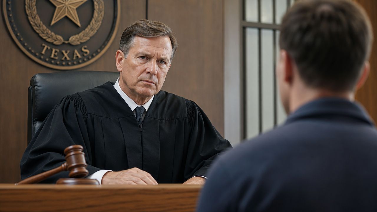 A stern judge sitting in a Texas courtroom observing a person during a legal proceeding.