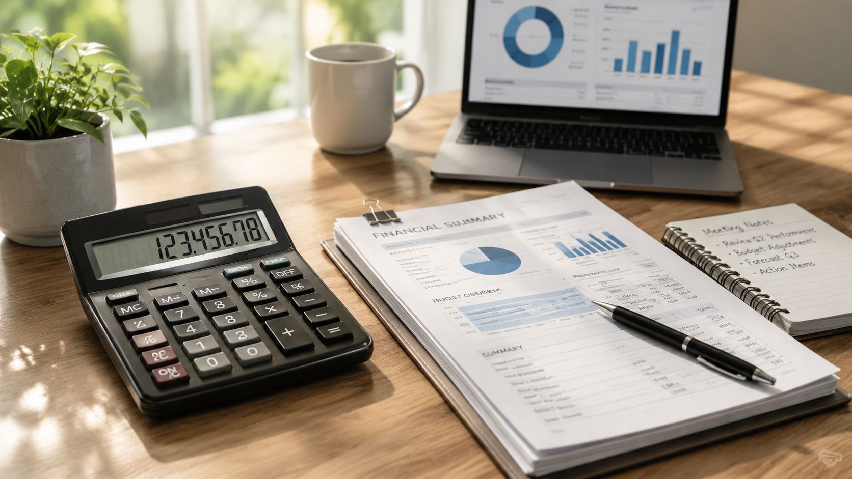 A professional desk workspace featuring a calculator, financial summary documents, a laptop with charts, and notes.