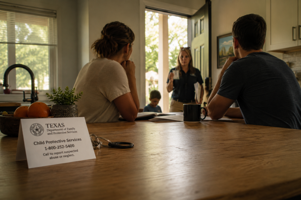Child Protective Services investigator speaking with concerned parents at the front door of a Texas home during a CPS investigation in Fort Worth.
