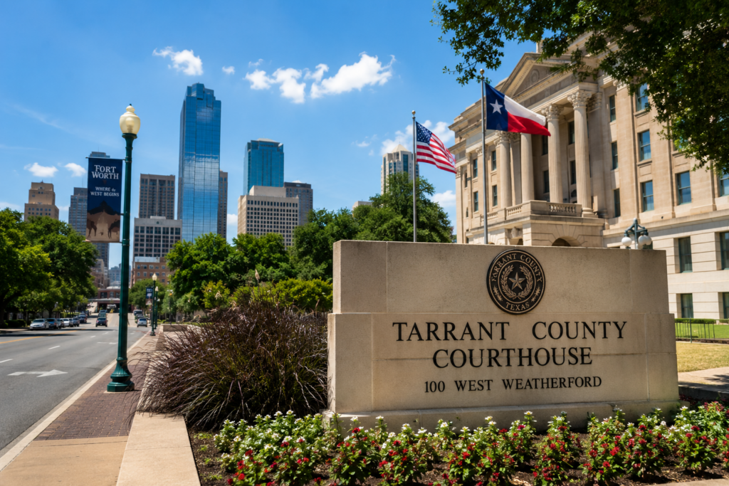 Wide-angle view of the Tarrant County Courthouse in downtown Fort Worth, Texas, representing local business divorce proceedings, property division, and high-asset family law cases.