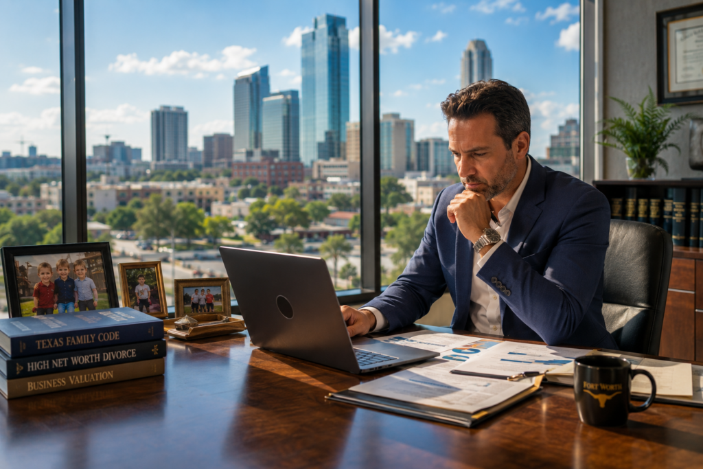 Business owner reviewing financial reports in a Fort Worth office while planning for divorce, illustrating business valuation, property division, and protecting family financial stability under Texas law.