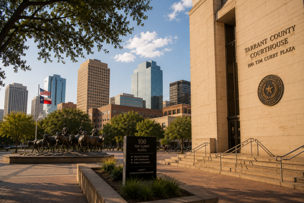Tarrant County Courthouse in Fort Worth, Texas, where Child Protective Services cases and family law matters are heard in the local courts.