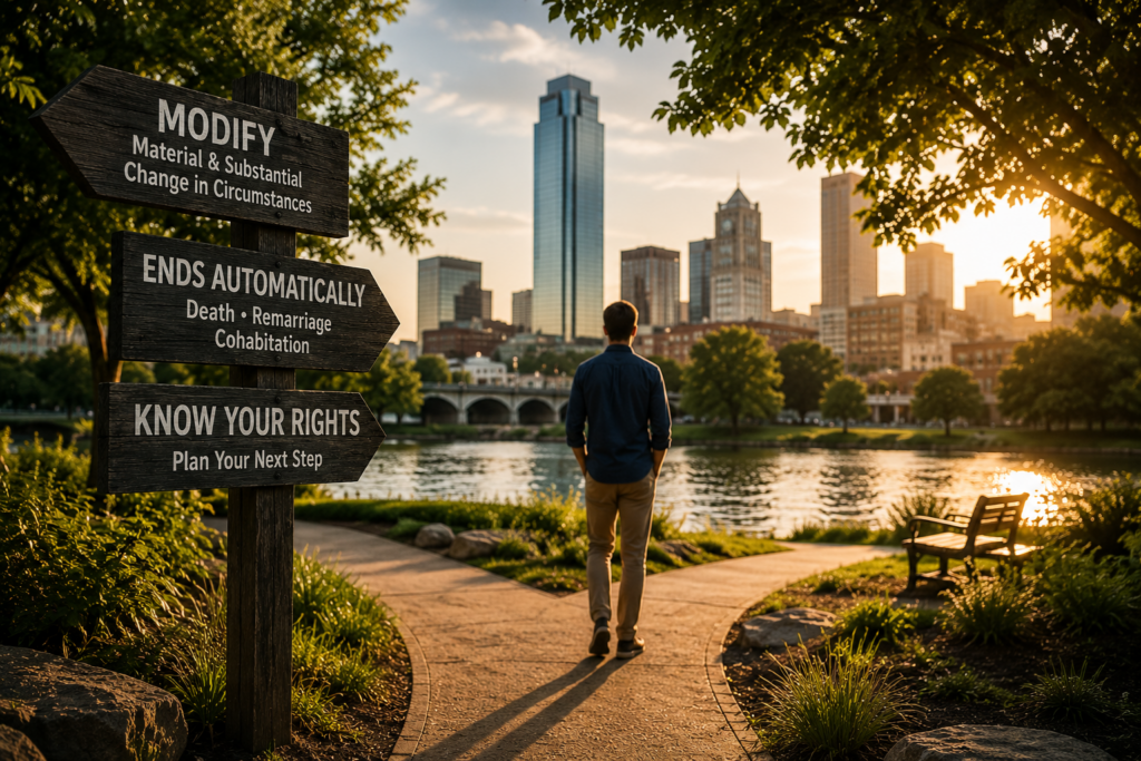 Person walking toward the Fort Worth skyline, representing a spouse seeking to modify spousal maintenance after divorce in Texas.