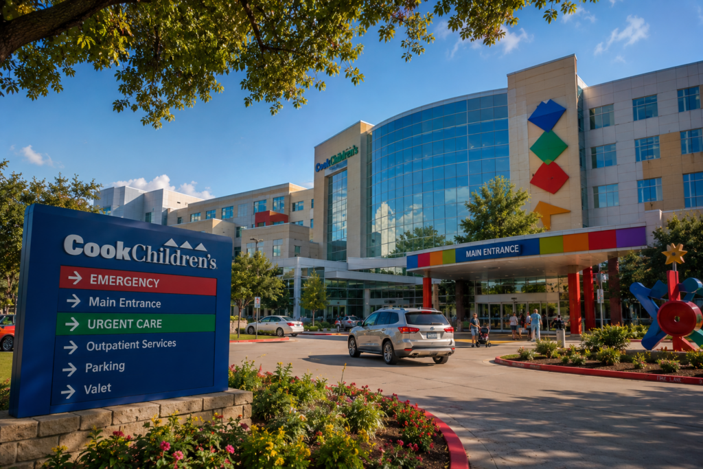 Family arriving at a modern pediatric medical center in Fort Worth for specialized healthcare, emergency services, and children's medical care.