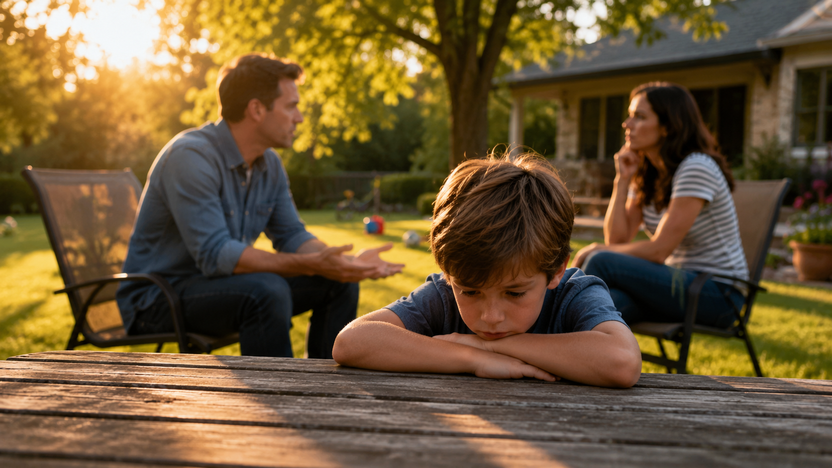 Child sitting quietly while parents talk in the background during a Texas divorce, representing the emotional impact of child support and custody decisions.