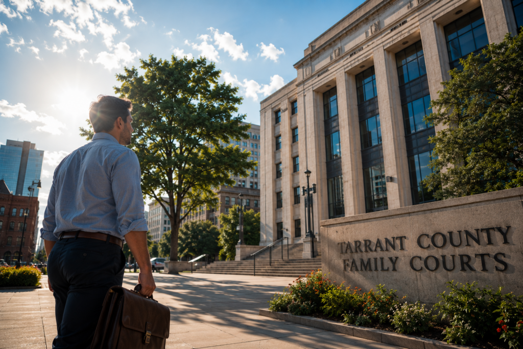 Man approaching the Tarrant County Family Courts in Fort Worth, illustrating the importance of meeting Texas annulment filing deadlines and gathering evidence for an annulment case.
