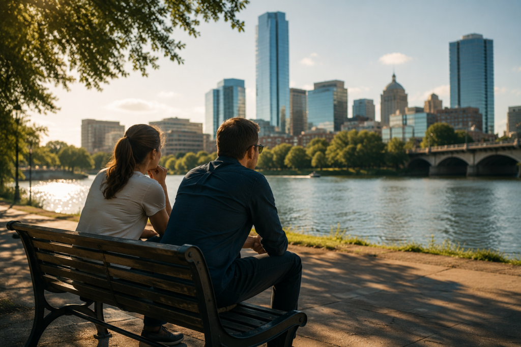 Couple overlooking the Fort Worth skyline while discussing divorce and Texas spousal maintenance options.