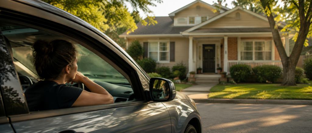 Mother sitting in her car outside a Fort Worth home before entering, representing the difficult decisions families face when seeking help from Domestic Violence Attorneys in Fort Worth Texas.