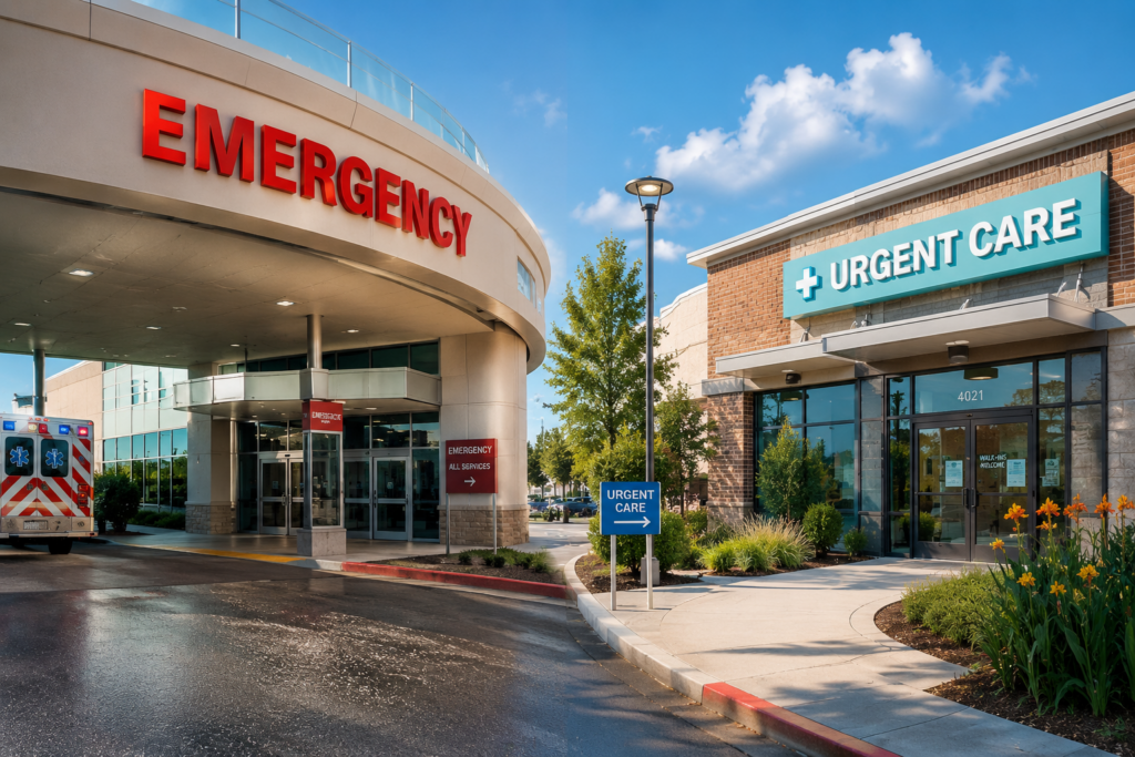 Emergency room and urgent care entrances at a modern Fort Worth healthcare campus, illustrating where families can seek emergency and non-emergency medical care.