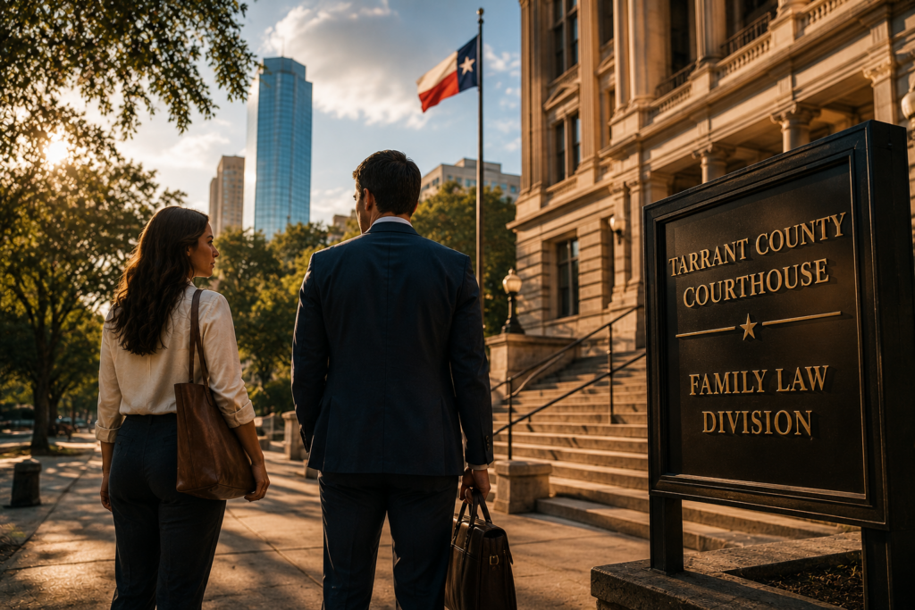 Couple arriving at the Tarrant County Courthouse to resolve a spousal maintenance enforcement dispute in Fort Worth, Texas.
