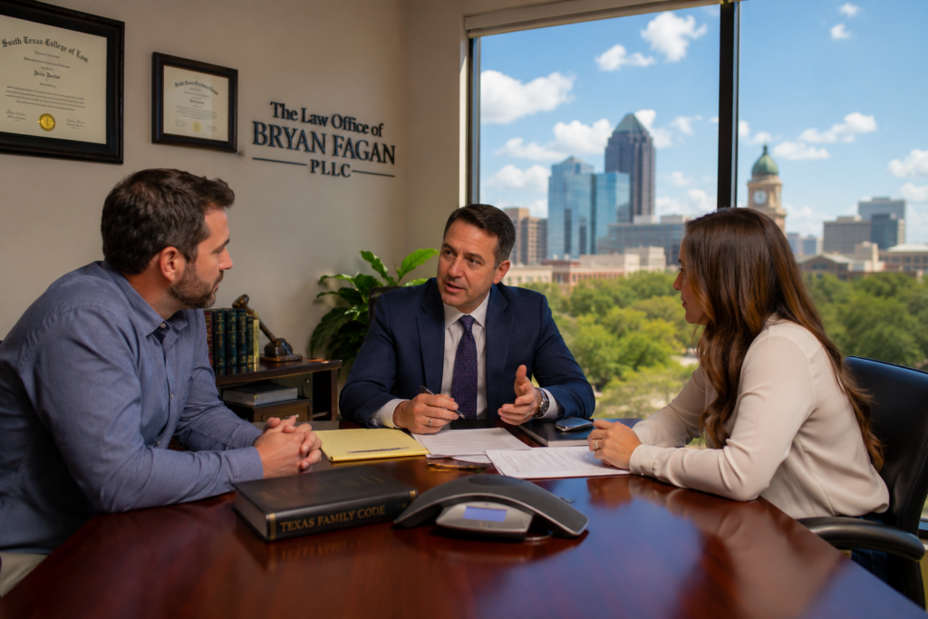 Family Law Mediation Attorneys in Fort Worth Texas meeting with a couple during a confidential divorce mediation consultation