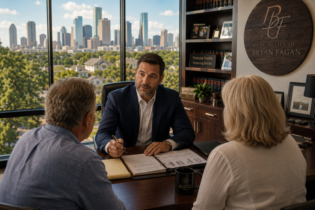 Bryan Fagan meeting with a family business owner and spouse to discuss succession planning, estate planning, and protecting a family-owned business in Houston Heights, Texas.