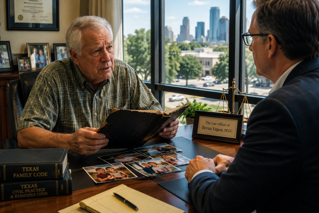 Grandfather meeting with a grandparents rights attorney in Houston Heights, Texas to discuss visitation rights after divorce