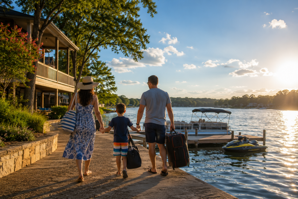 Parent and child arriving at a lakeside vacation home with luggage during summer visitation, representing holiday possession and extended parenting time under Texas custody orders.