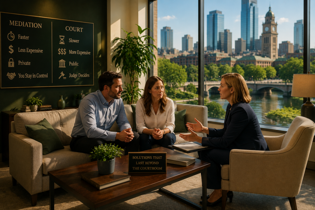 Family Law Mediation Attorneys in Fort Worth Texas explaining the benefits of mediation over courtroom litigation during a confidential divorce consultation.