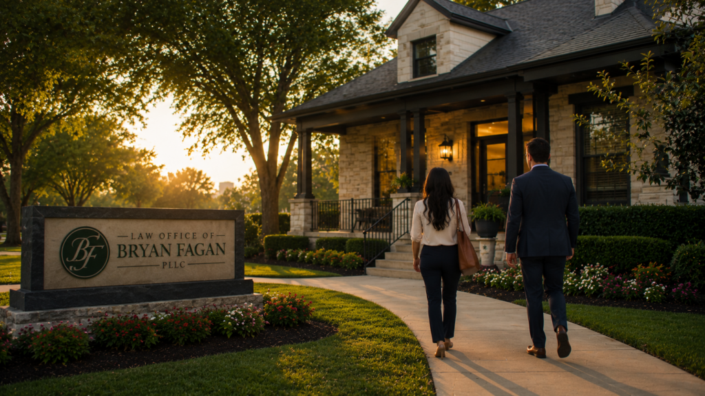 Two people walking toward a welcoming Texas law office at sunset, symbolizing compassionate legal guidance, confidential consultations, and support for families seeking protection and a safer future.