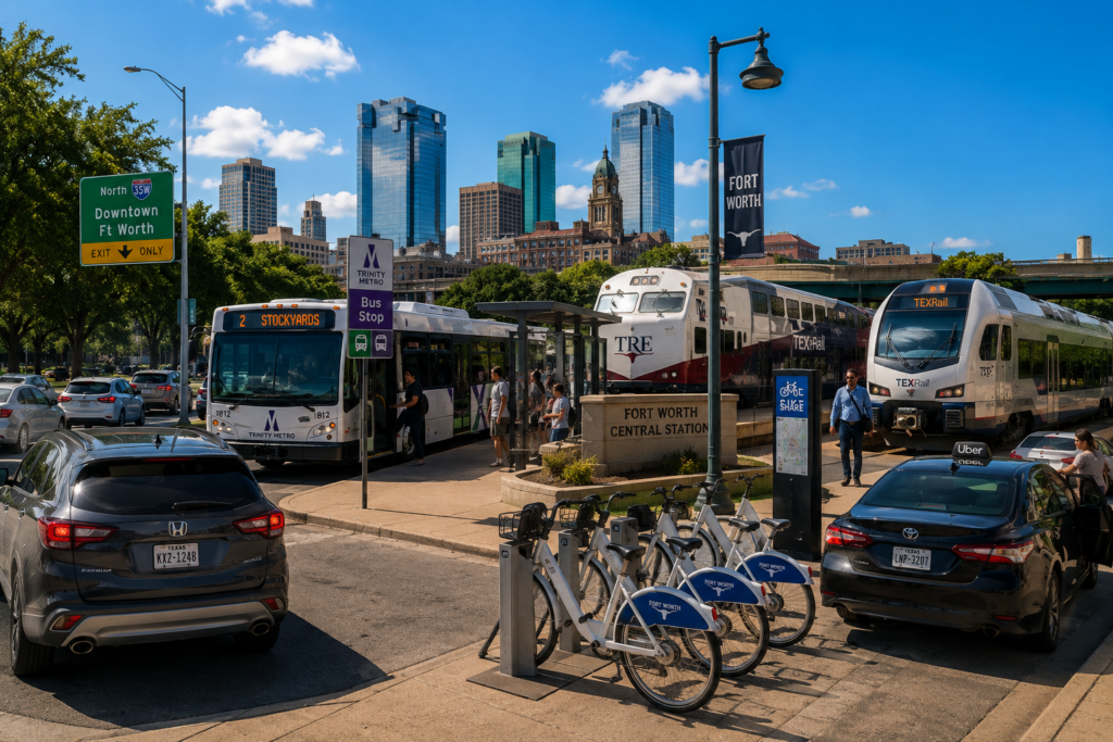 Wide-angle view of transportation in Fort Worth, Texas, featuring Trinity Metro buses, TEXRail and TRE commuter trains, cars, bike share, and rideshare services in downtown on a sunny summer day.