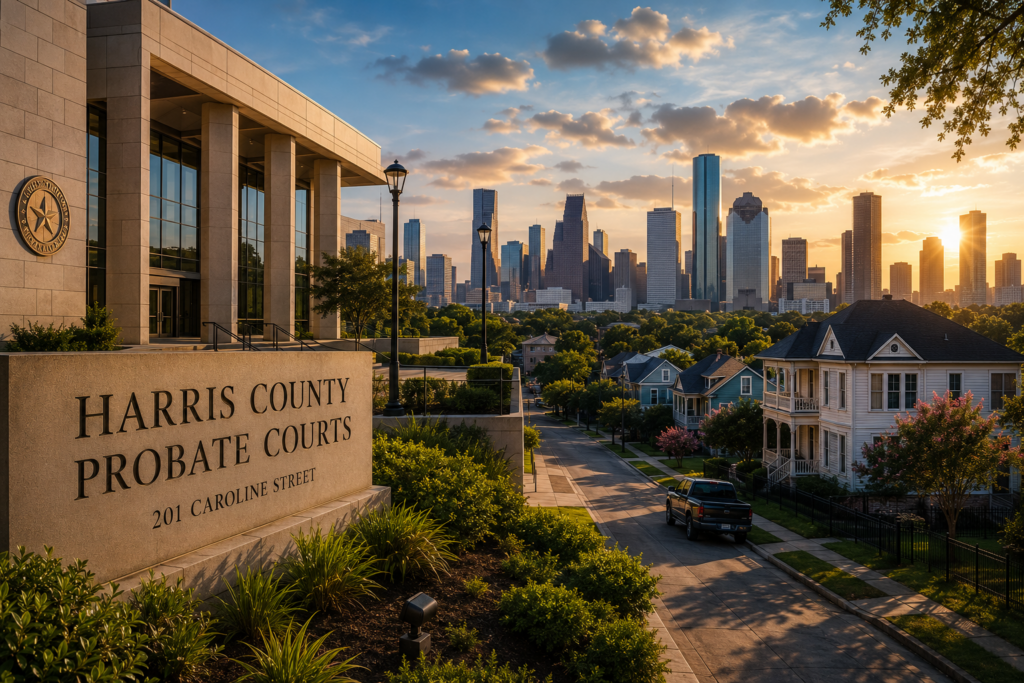 Harris County Probate Courts with the Houston skyline in the background, representing probate administration and succession planning for family-owned businesses and farms in Texas.