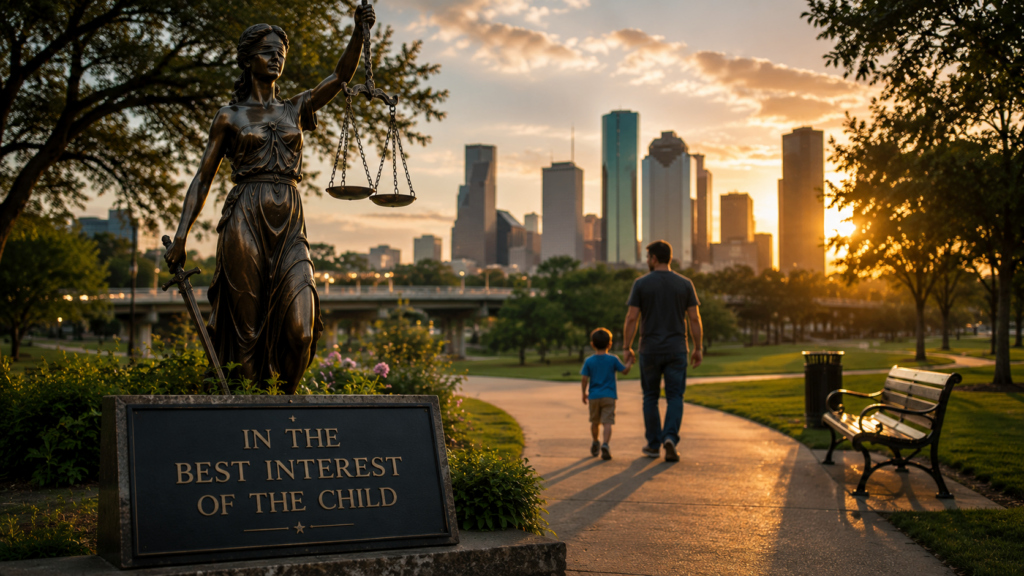 Lady Justice overlooks a parent and child walking together through a Houston park at sunset, symbolizing the Texas court's focus on the child's best interests in termination of parental rights cases.