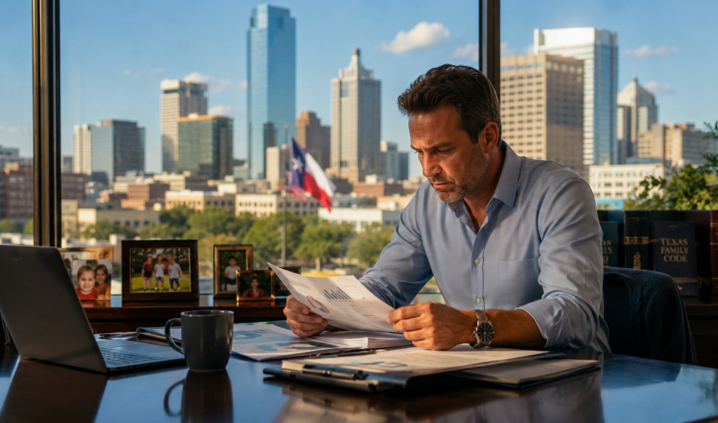 Business owner reviewing financial documents in a modern Fort Worth office while preparing for divorce, symbolizing business valuation, property division, and protecting family stability under Texas divorce law.