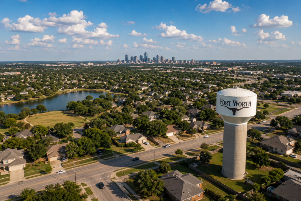 Wide-angle view of suburban neighborhoods near Fort Worth with the downtown skyline and nearby healthcare facilities serving families throughout Tarrant County.