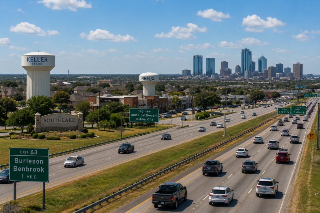 Wide-angle view of a major highway near Fort Worth, Texas, connecting surrounding communities such as Keller, Benbrook, Burleson, Saginaw, and North Richland Hills with the downtown skyline on a sunny summer day.