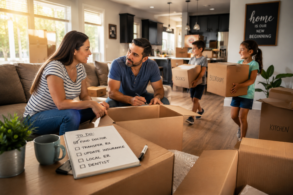 Family unpacking boxes in a new Fort Worth home while planning healthcare and medical resources after divorce