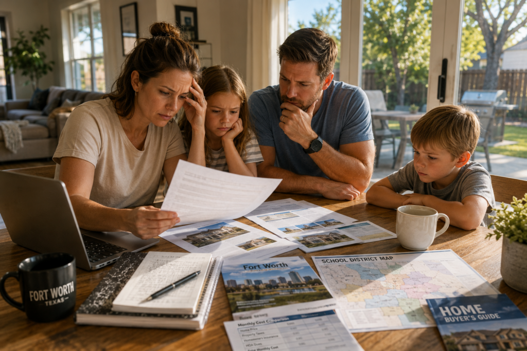 Family reviewing relocation documents, neighborhood maps, housing costs, and planning paperwork around a kitchen table while preparing for a move to Fort Worth, Texas.