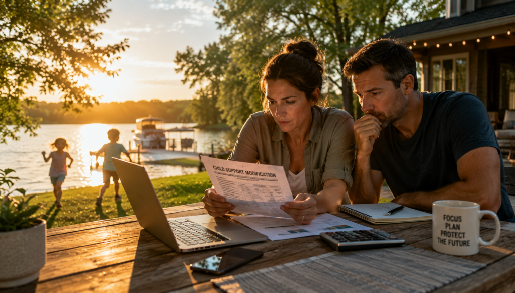 Parents reviewing child support modification documents at a lakeside table while their children play nearby, representing how changing family circumstances can require updates to a Texas child support order.